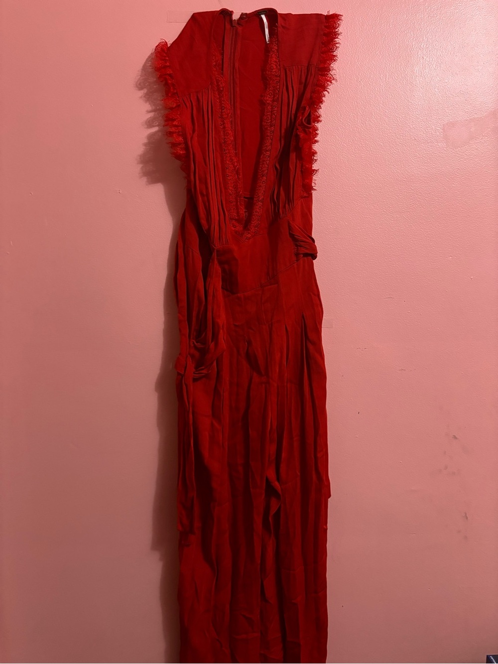 Free People Red Sleeveless V-Neck Maxi Dress with Ruffle Trim